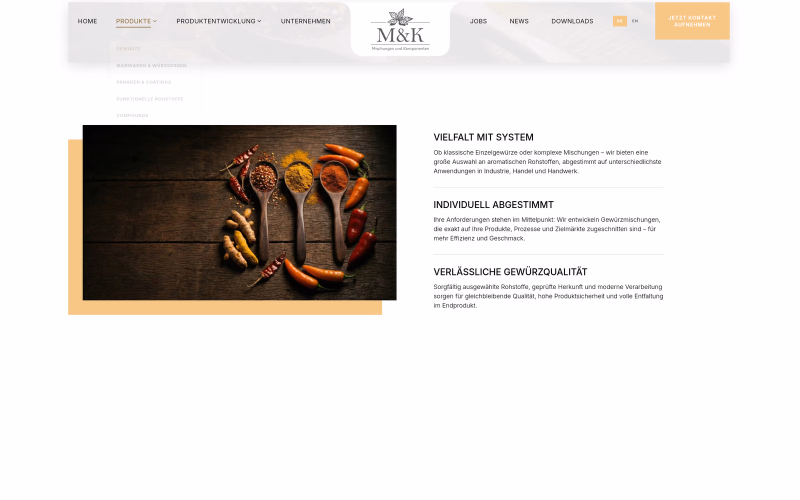 Neue Website von M&K Gewürze: Navigation mit Produktmenü, Gewürzfoto und drei Textblöcken „Vielfalt mit System“, „Individuell abgestimmt“, „Verlässliche Gewürzqualität“.